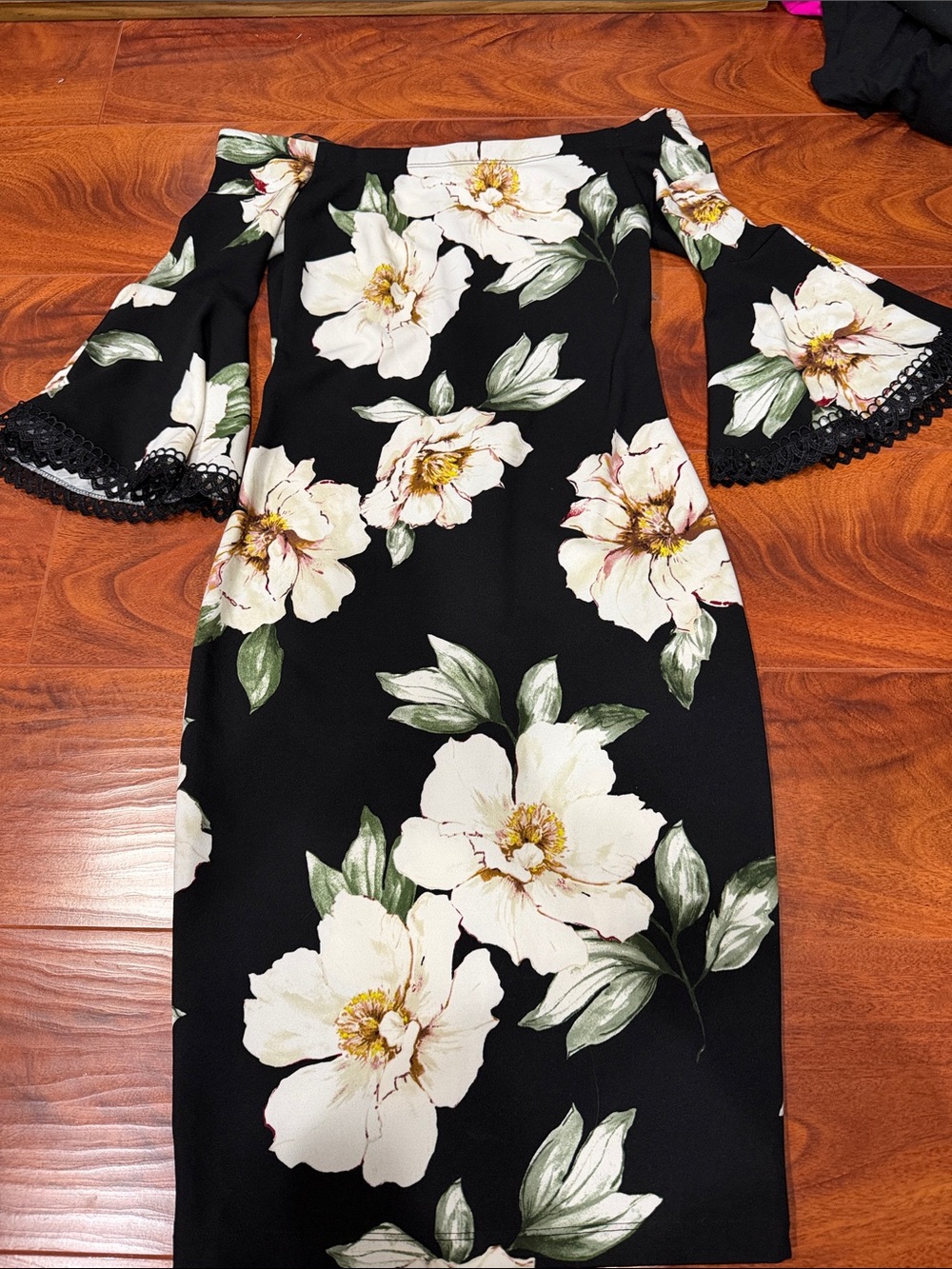 Off-the-Shoulder Black Midi Dress with White Floral Print